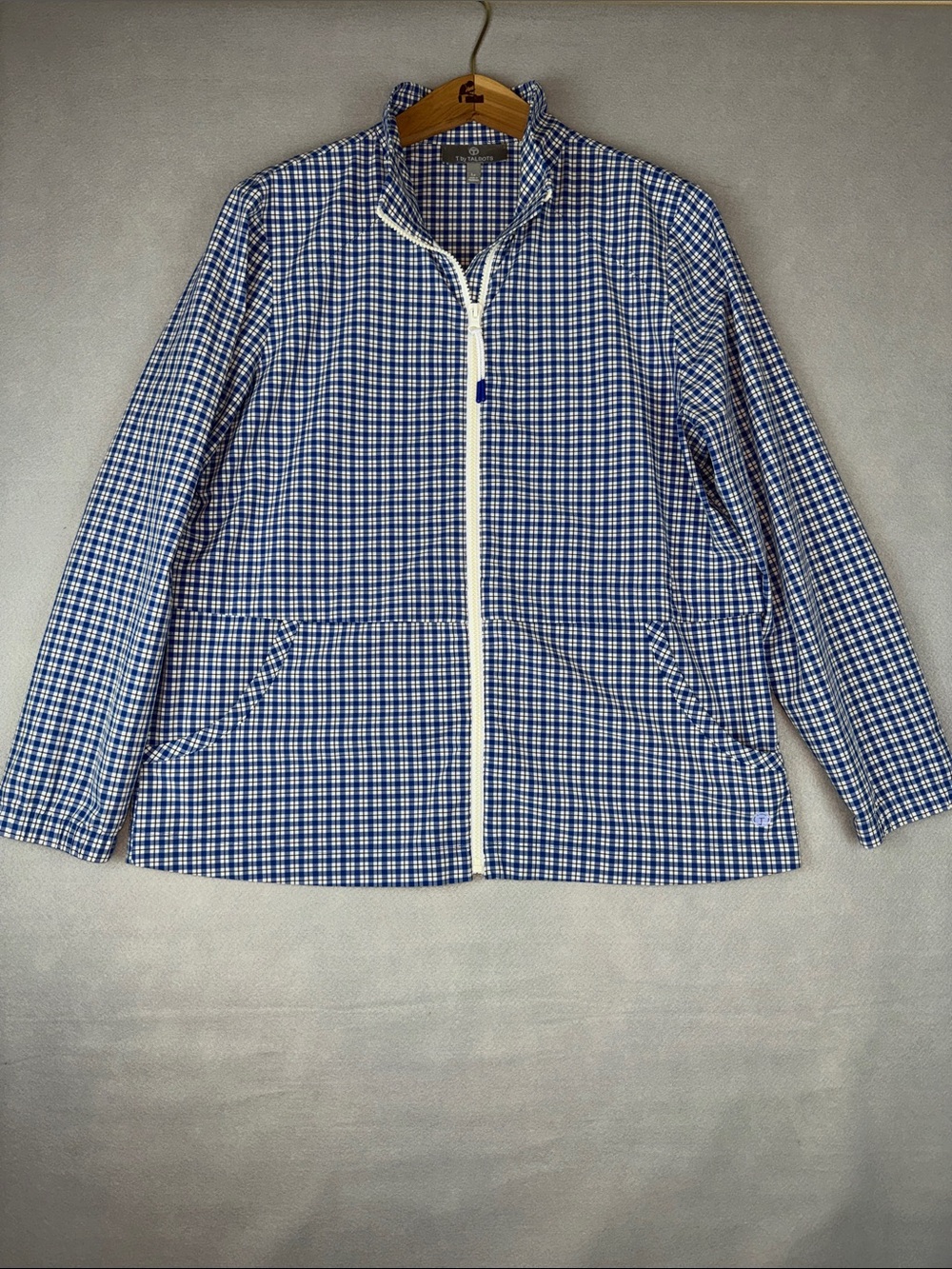 T by Talbots Lightweight Zip Up Jacket Blue & White Plaid Size Large Petite - Picture 3 of 10